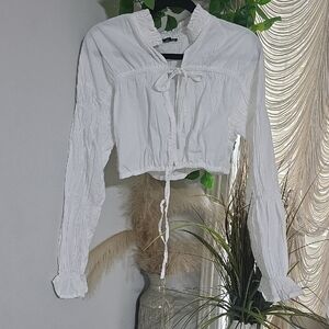 Lightweight White Tie-Front Cropped Blouse - Women's